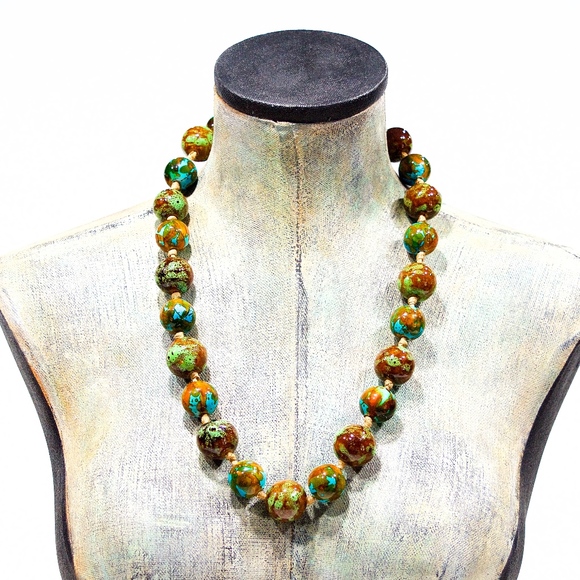 VTG 90's Chunky Glazed Ceramic Ribbon Necklace - Picture 1 of 2